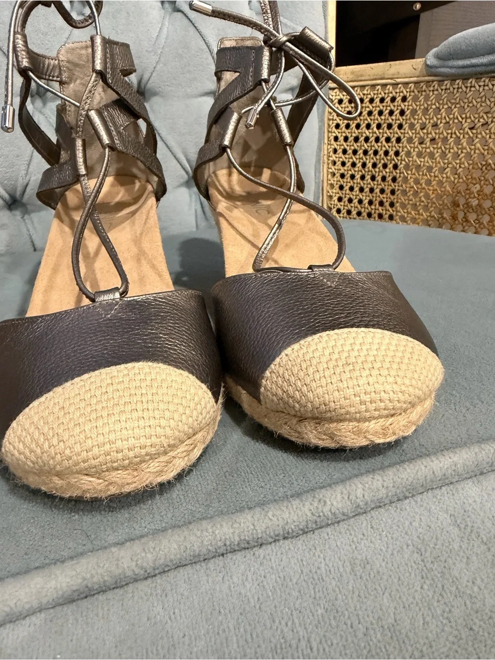 Vionic Metallic Pewter Lace-Up Espadrille Wedges